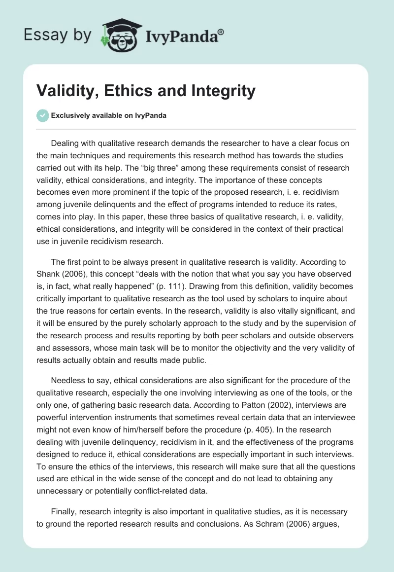 Validity, Ethics and Integrity. Page 1