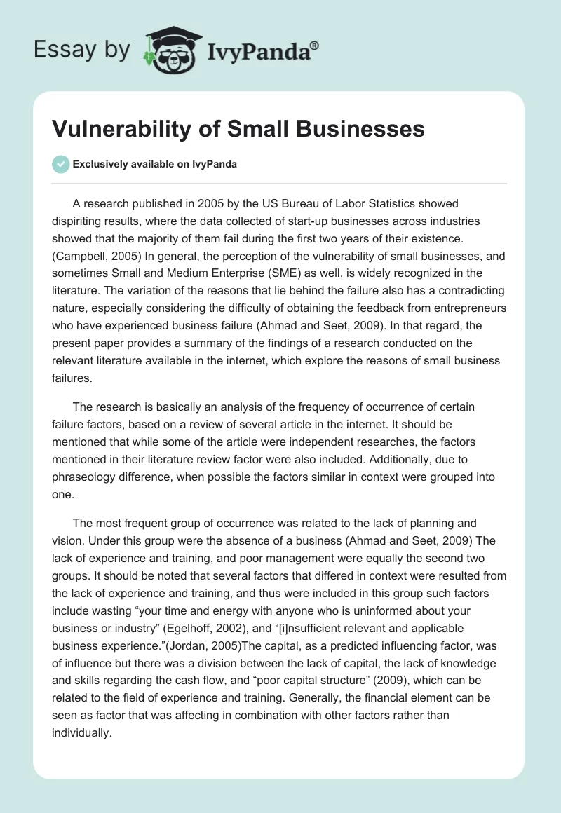 Vulnerability of Small Businesses. Page 1