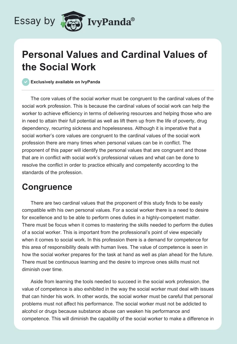 Personal Values and Cardinal Values of the Social Work. Page 1