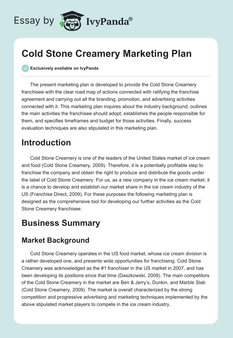 Cold Stone Creamery Marketing Plan. Page 1