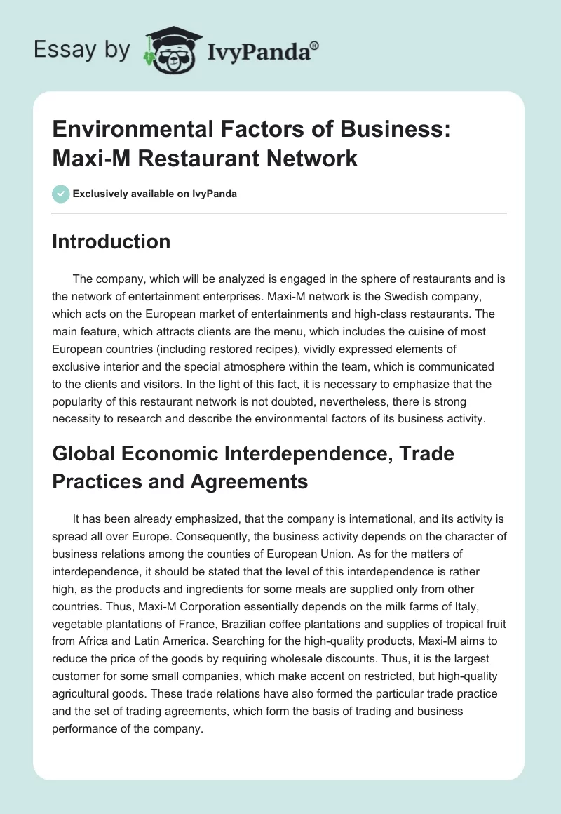 Environmental Factors of Business: Maxi-M Restaurant Network. Page 1