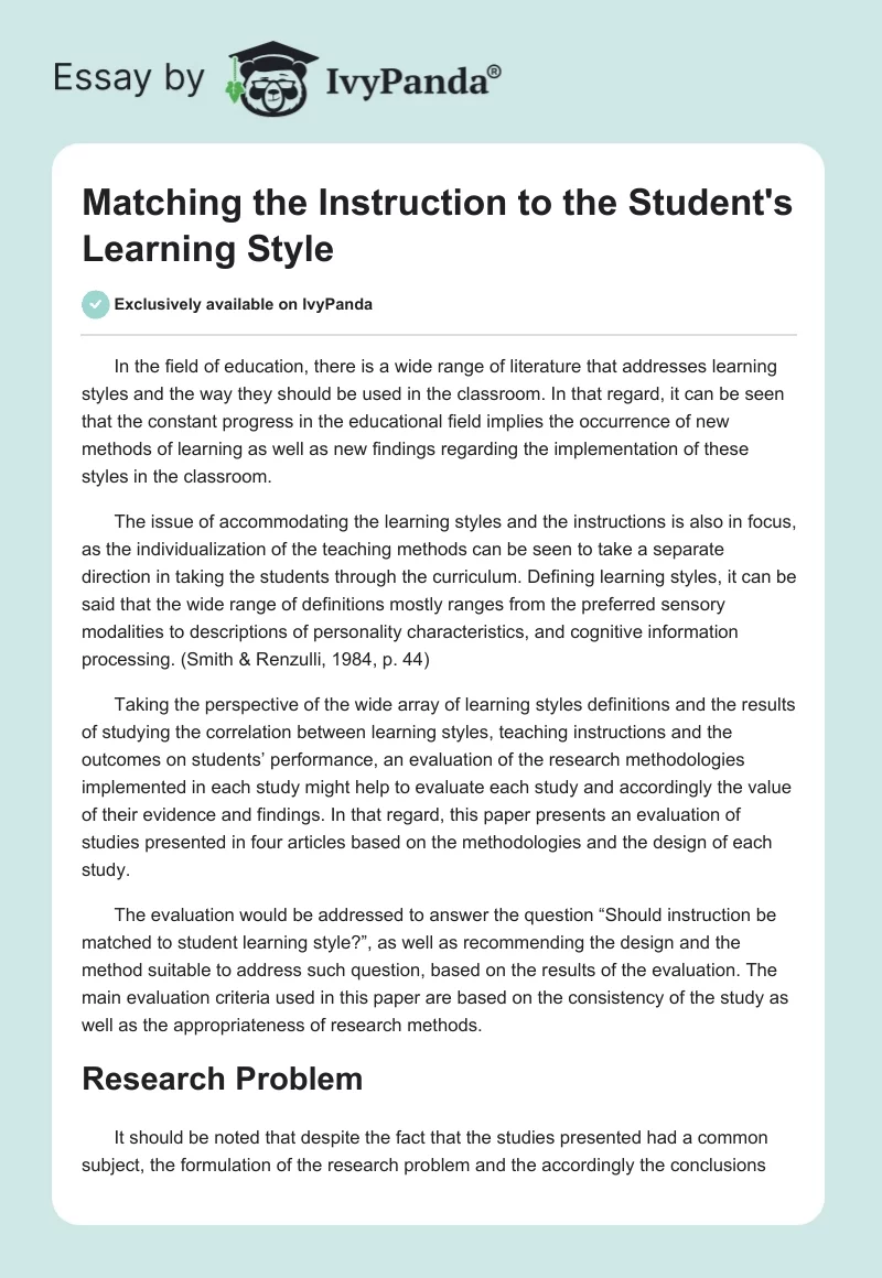 Matching the Instruction to the Student's Learning Style. Page 1