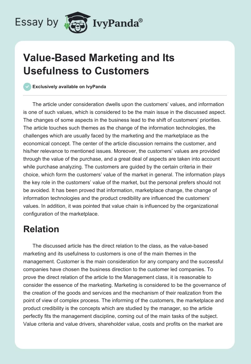 Value-Based Marketing and Its Usefulness to Customers. Page 1