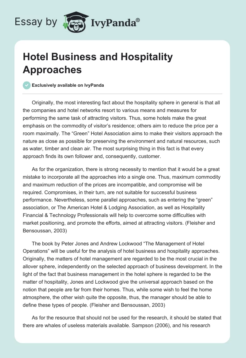 Hotel Business and Hospitality Approaches. Page 1