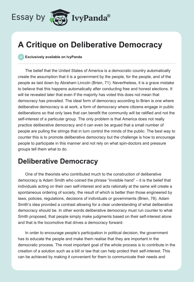 A Critique on Deliberative Democracy. Page 1