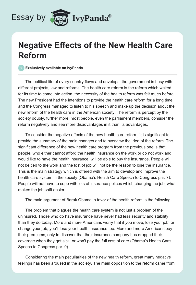 Negative Effects of the New Health Сare Reform. Page 1