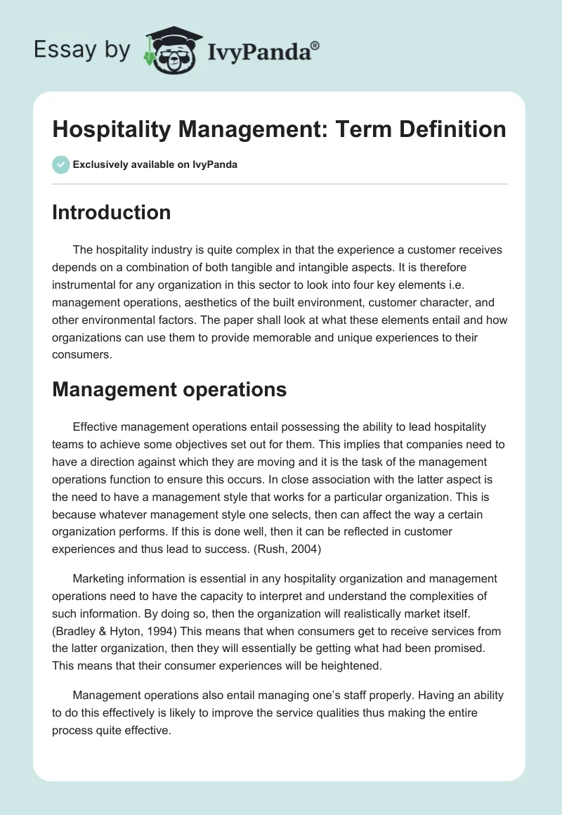 Hospitality Management: Term Definition. Page 1