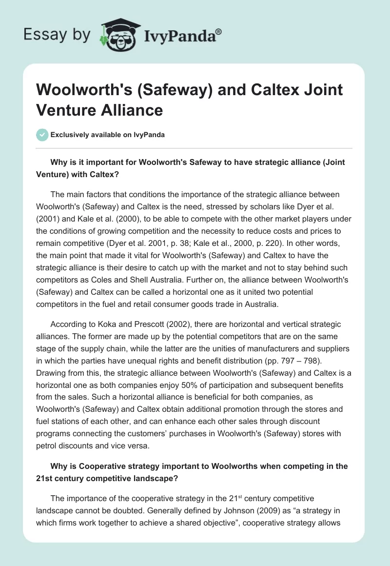 Woolworth's (Safeway) and Caltex Joint Venture Alliance. Page 1