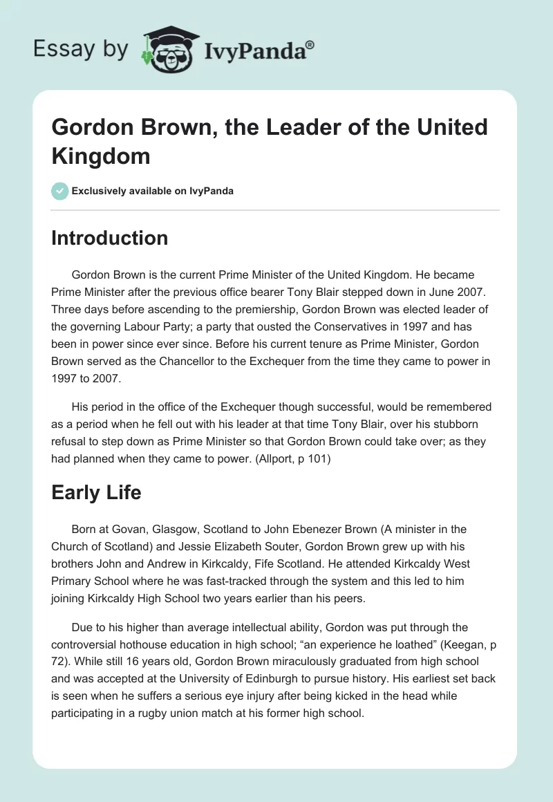 Gordon Brown, the Leader of the United Kingdom. Page 1