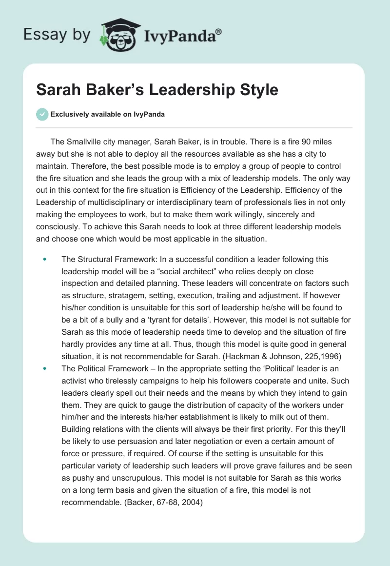 Sarah Baker’s Leadership Style. Page 1