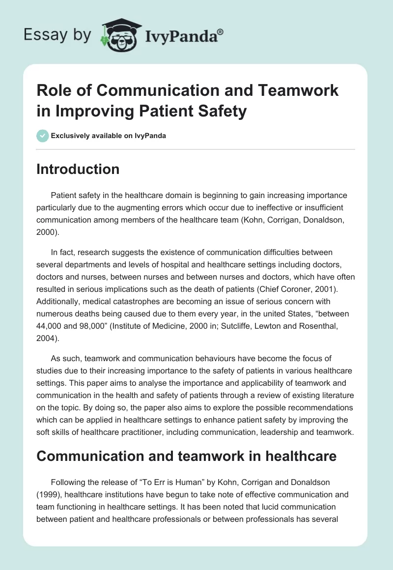 Role of Communication and Teamwork in Improving Patient Safety. Page 1
