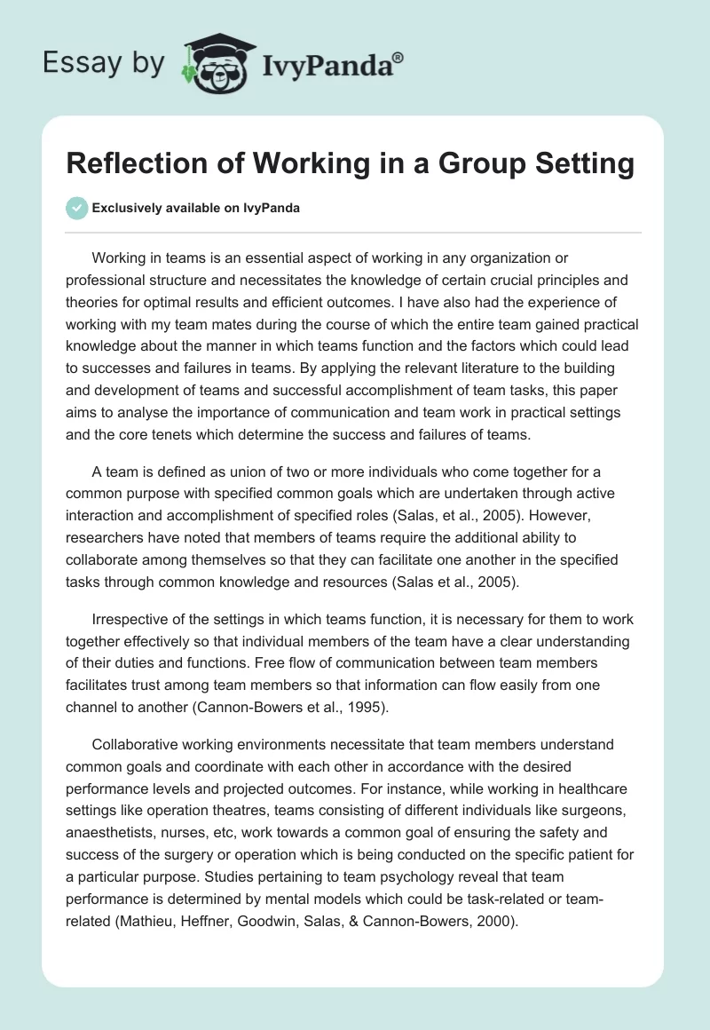 Reflection of Working in a Group Setting. Page 1