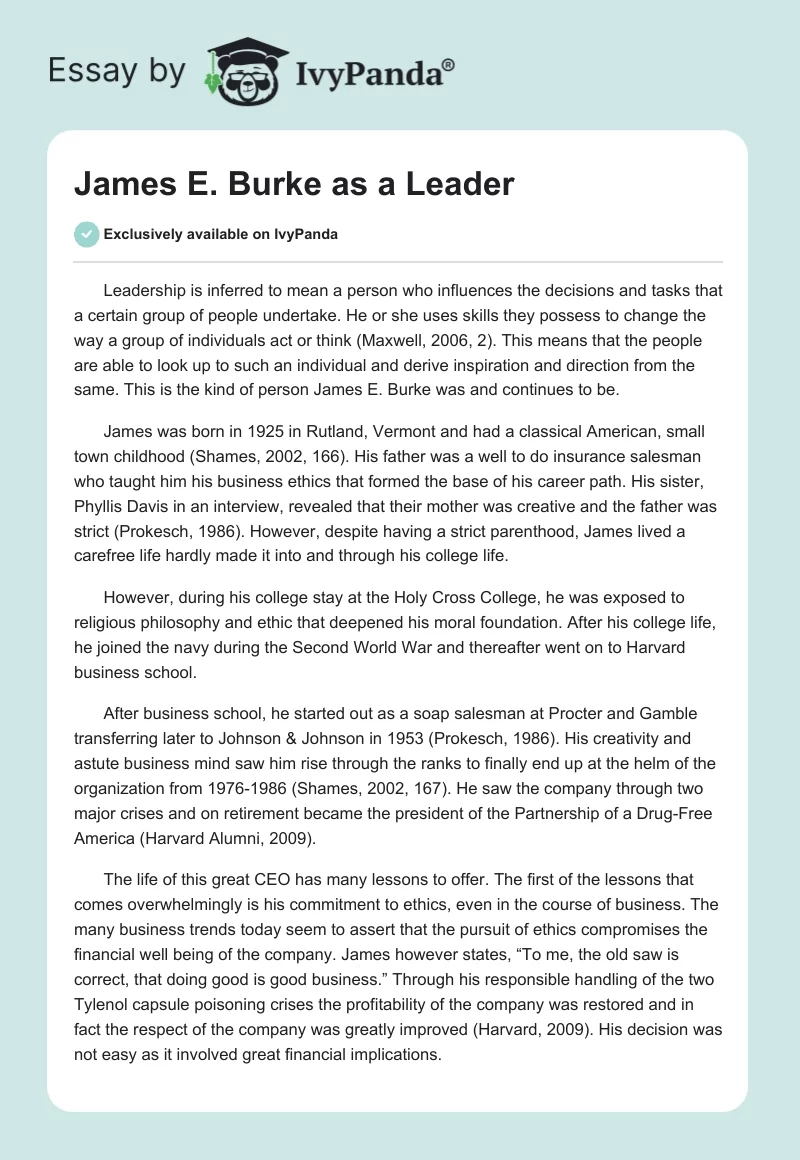 James E. Burke as a Leader. Page 1