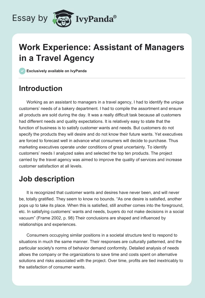 Work Experience: Assistant of Managers in a Travel Agency. Page 1