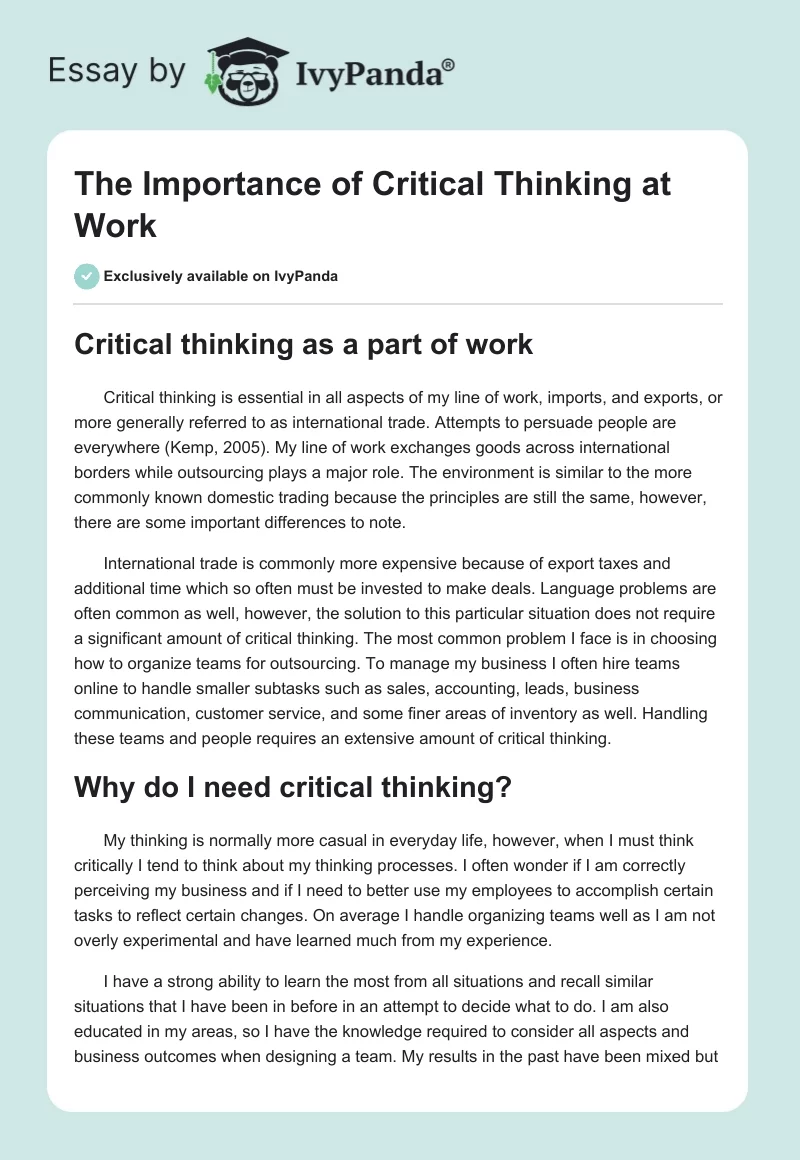 The Importance of Critical Thinking at Work. Page 1