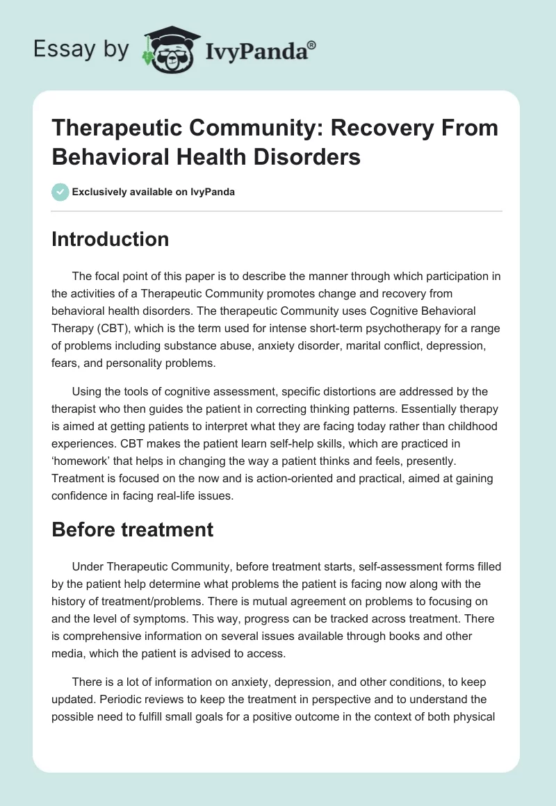 Therapeutic Community: Recovery From Behavioral Health Disorders. Page 1