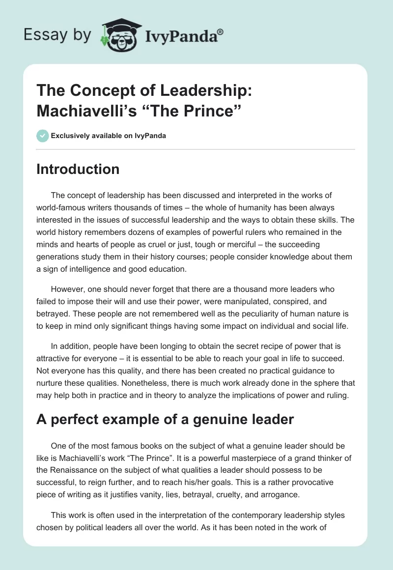 The Concept of Leadership: Machiavelli’s “The Prince”. Page 1
