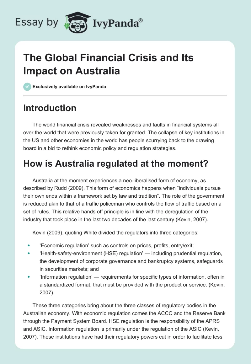 The Global Financial Crisis and Its Impact on Australia. Page 1