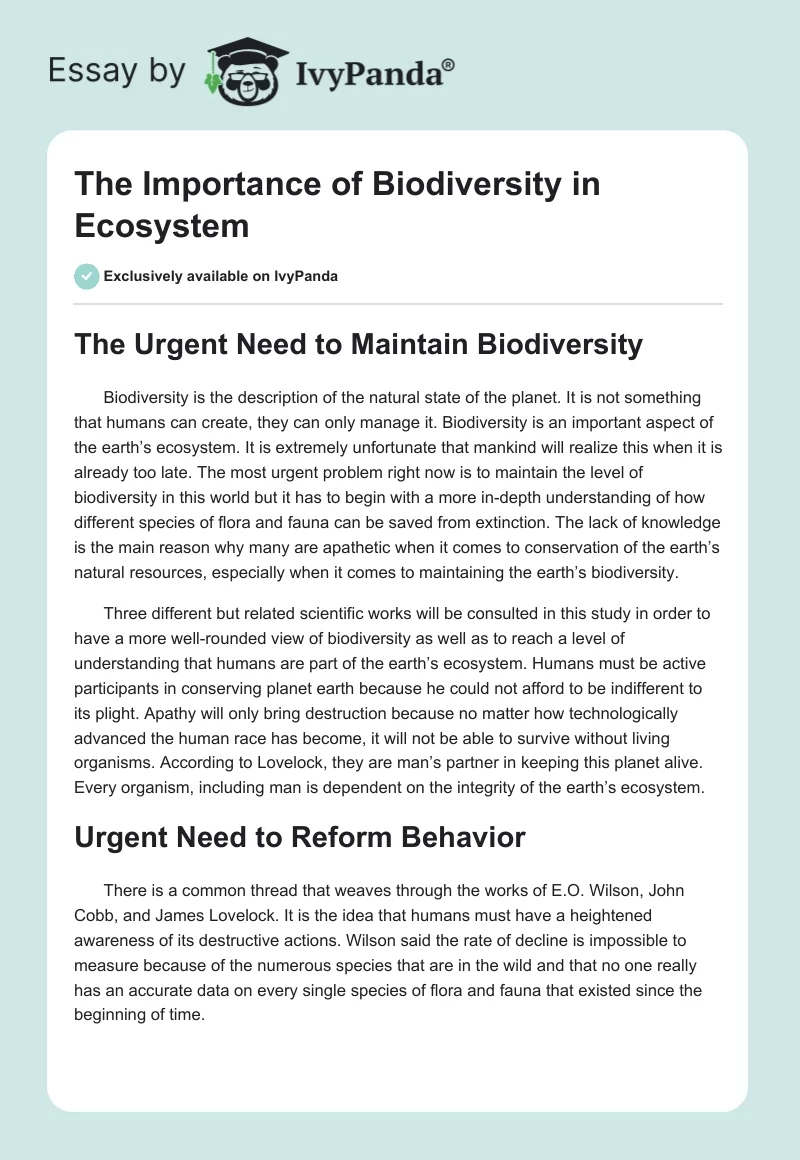 The Importance of Biodiversity in Ecosystem. Page 1