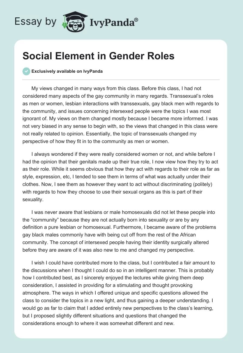 Social Element in Gender Roles. Page 1