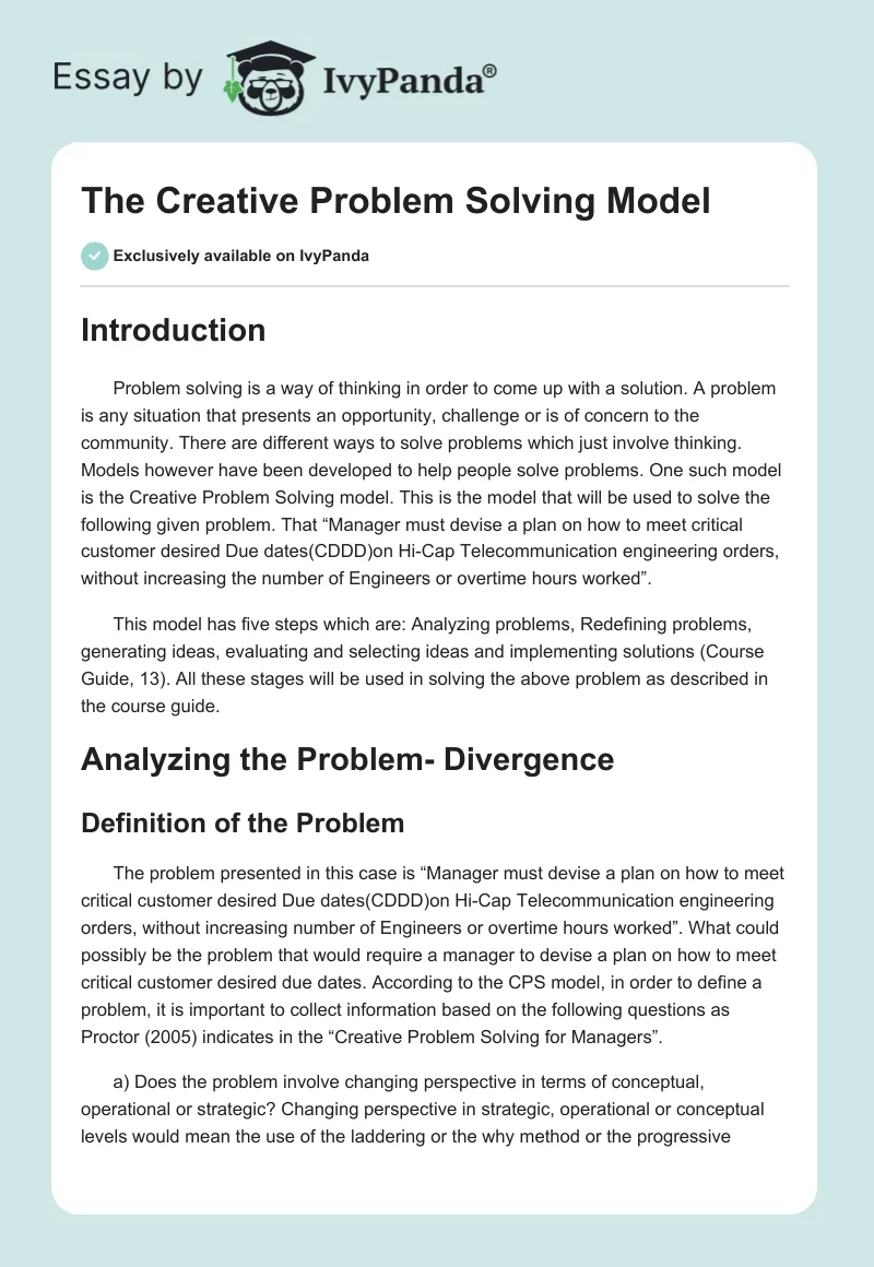 The Creative Problem Solving Model. Page 1