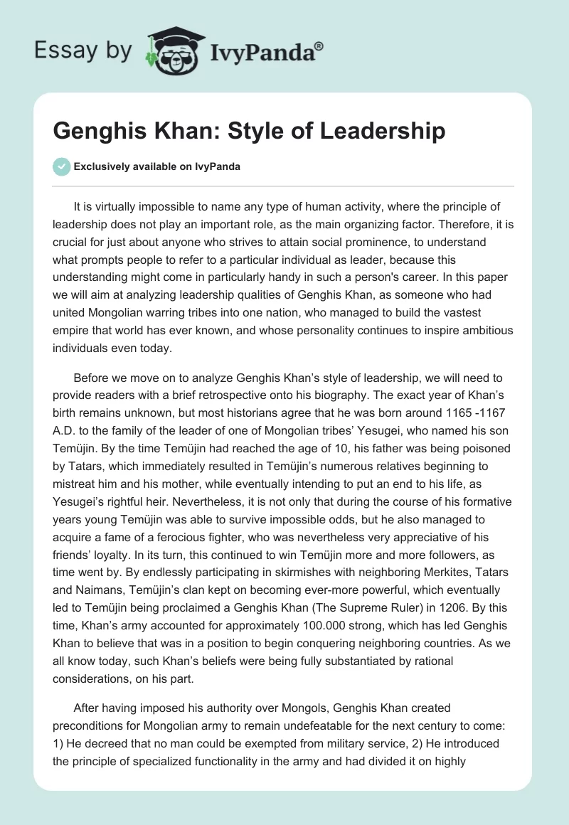 Genghis Khan: Style of Leadership. Page 1