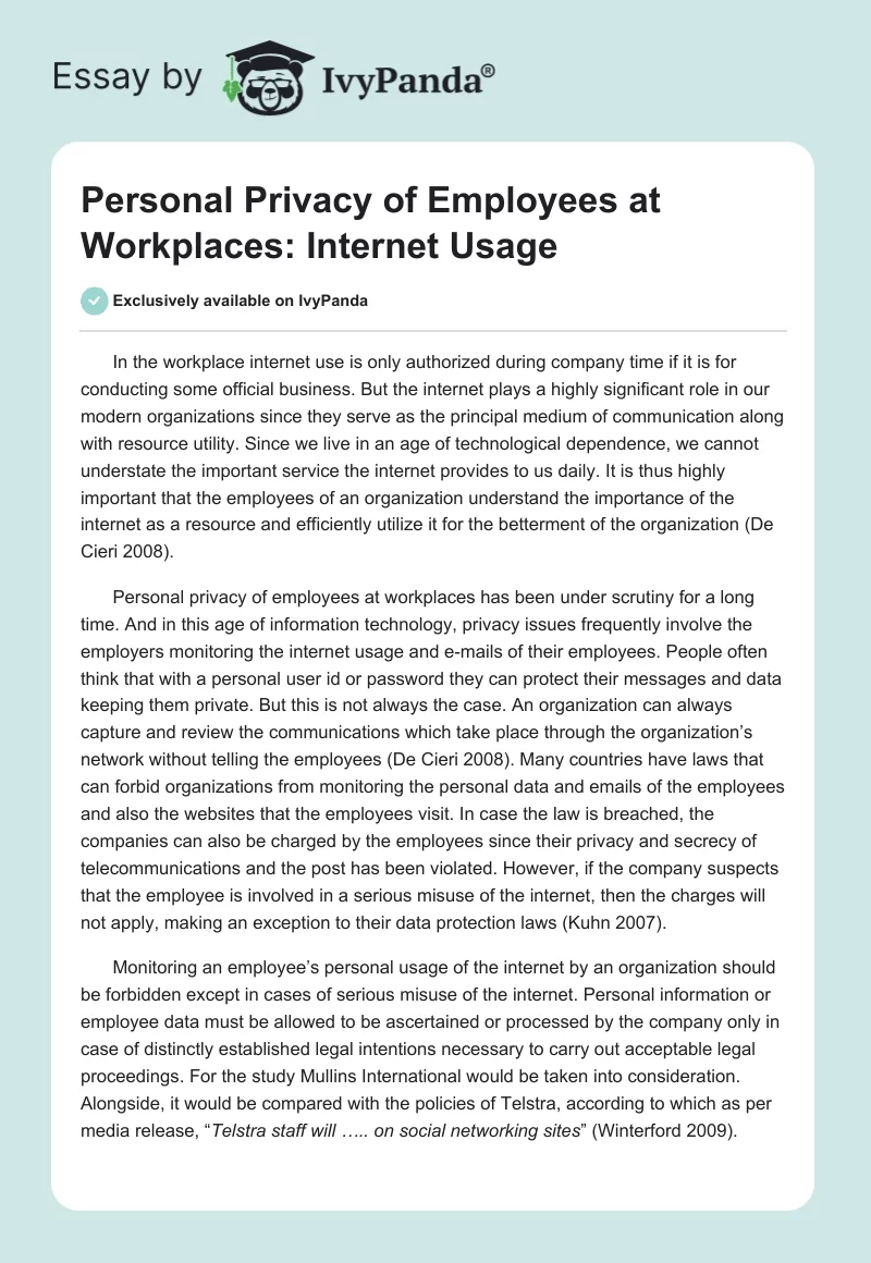 Personal Privacy of Employees at Workplaces: Internet Usage. Page 1