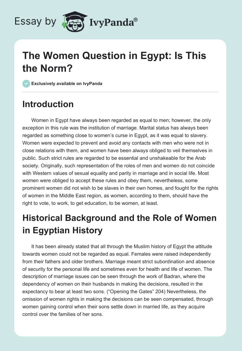 The Women Question in Egypt: Is This the Norm?. Page 1