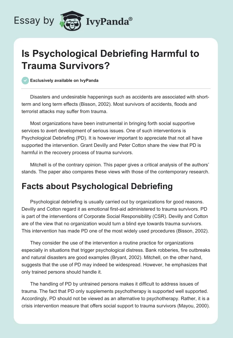 Is Psychological Debriefing Harmful to Trauma Survivors?. Page 1