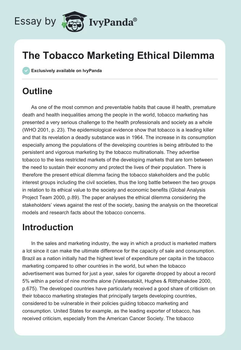 The Tobacco Marketing Ethical Dilemma. Page 1