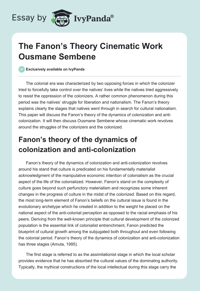 The Fanon’s Theory Cinematic Work "Ousmane Sembene". Page 1