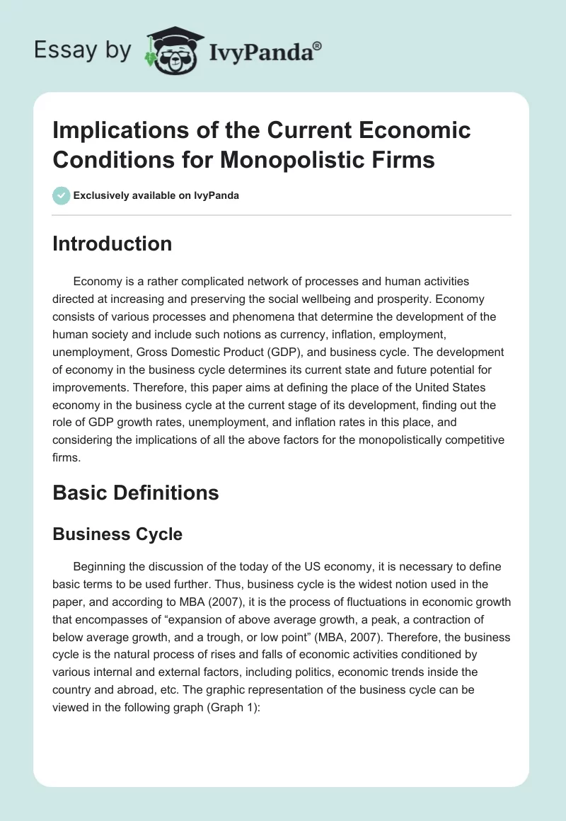 Implications of the Current Economic Conditions for Monopolistic Firms. Page 1