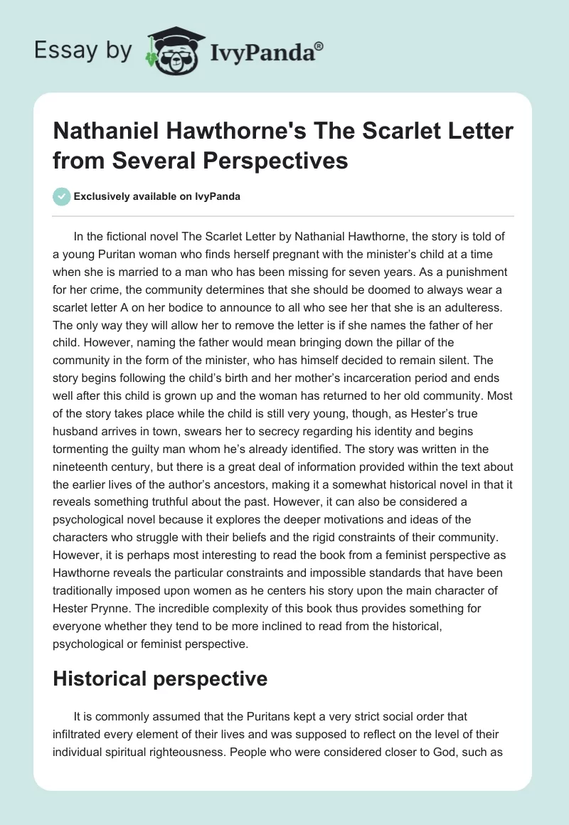 Nathaniel Hawthorne’s “The Scarlet Letter” From Several Perspectives. Page 1