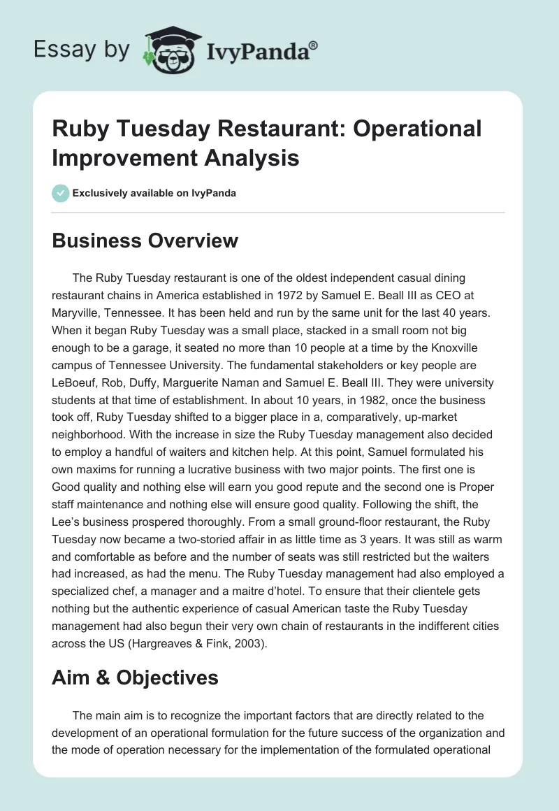 Ruby Tuesday Restaurant: Operational Improvement Analysis. Page 1