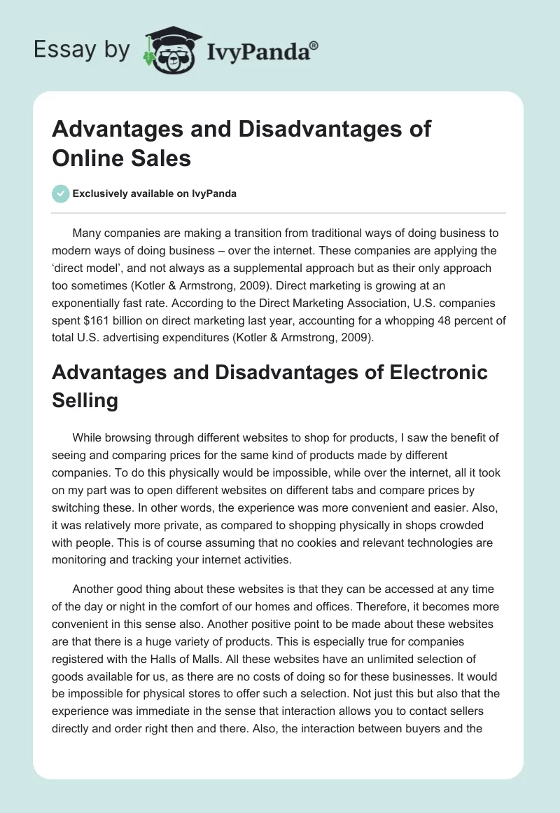 Advantages and Disadvantages of Online Sales. Page 1