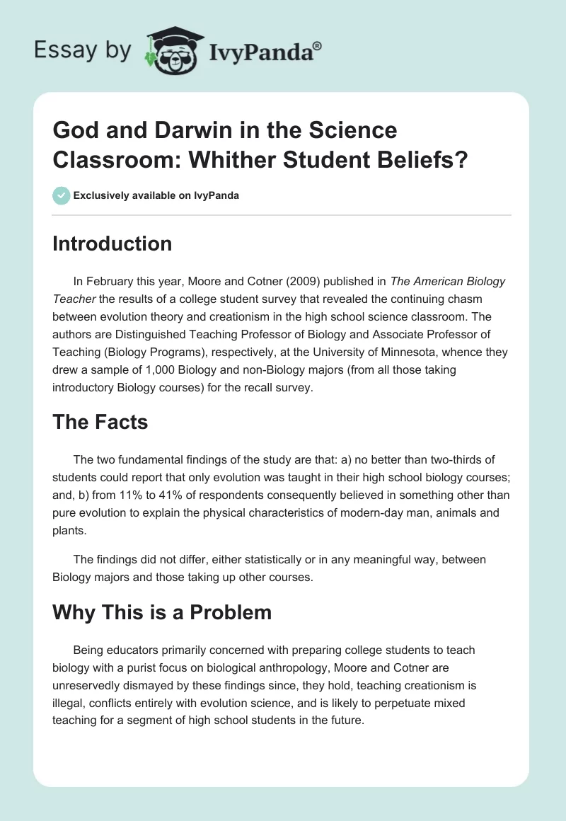 God and Darwin in the Science Classroom: Whither Student Beliefs?. Page 1