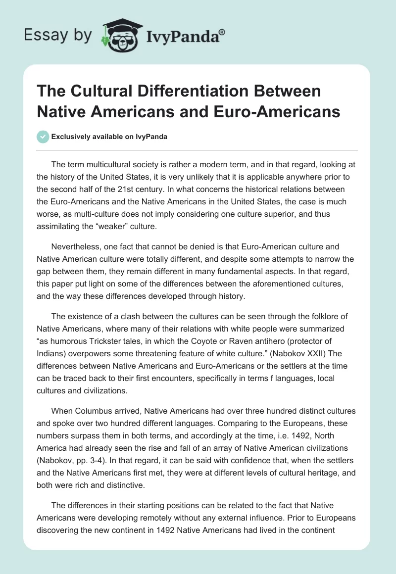 The Cultural Differentiation Between Native Americans and Euro-Americans. Page 1