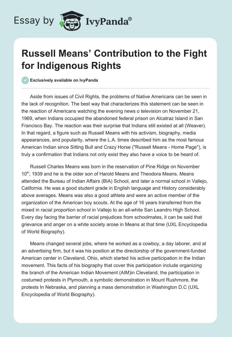 Russell Means’ Contribution to the Fight for Indigenous Rights. Page 1
