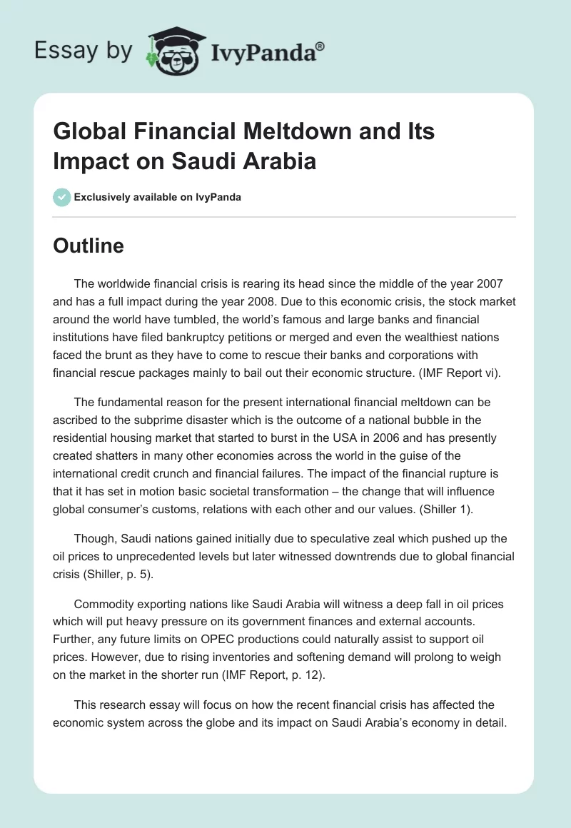 Global Financial Meltdown and Its Impact on Saudi Arabia. Page 1