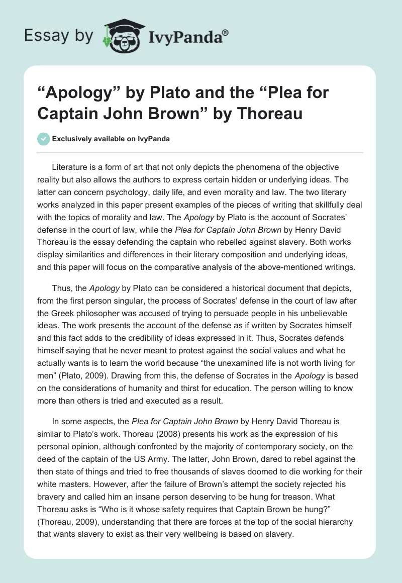 “Apology” by Plato and the “Plea for Captain John Brown” by Thoreau. Page 1