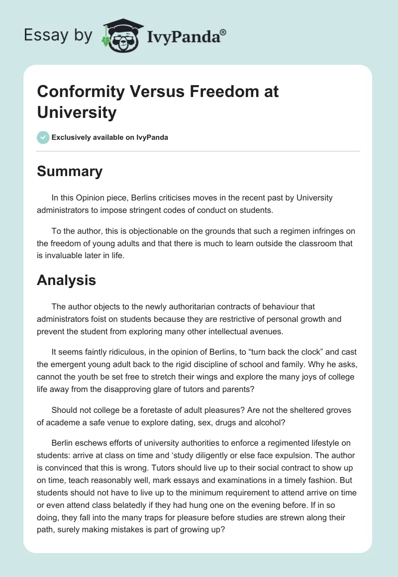 Conformity Versus Freedom at University. Page 1