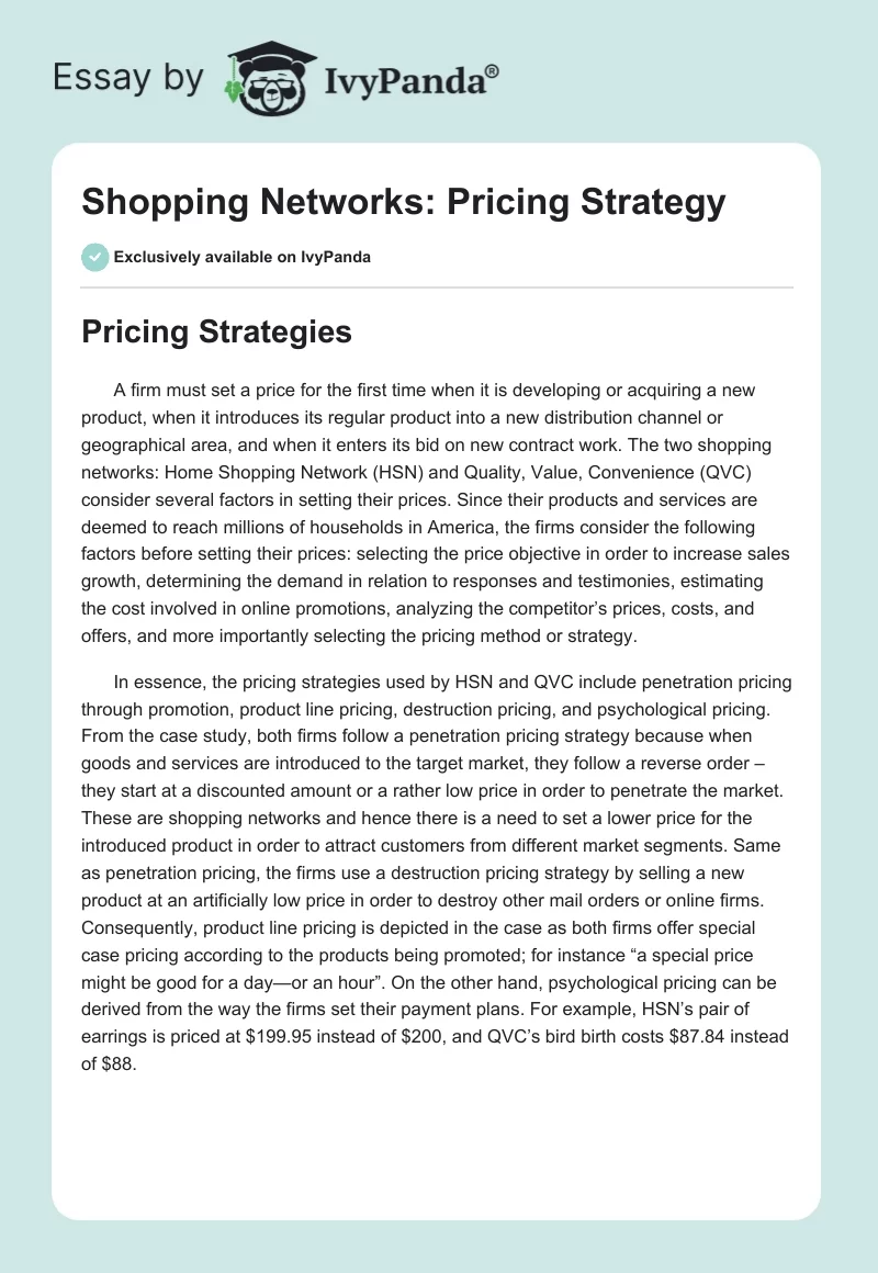 Shopping Networks: Pricing Strategy. Page 1