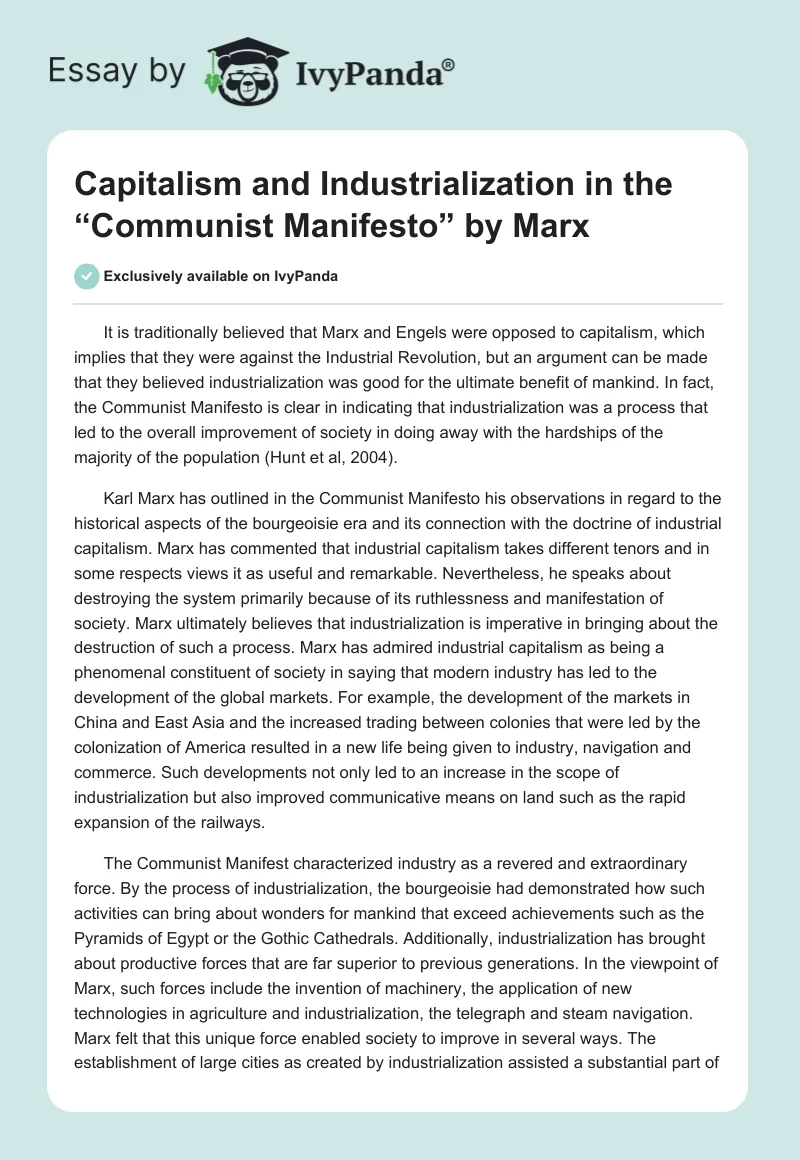 Capitalism and Industrialization in the “Communist Manifesto” by Marx. Page 1