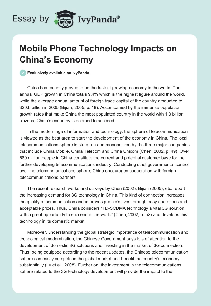 Mobile Phone Technology Impacts on China’s Economy. Page 1