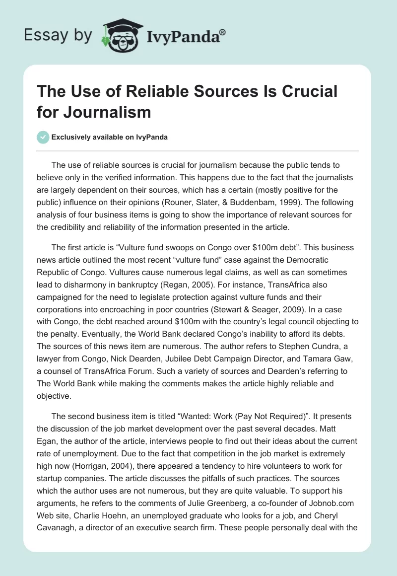 The Use of Reliable Sources Is Crucial for Journalism. Page 1