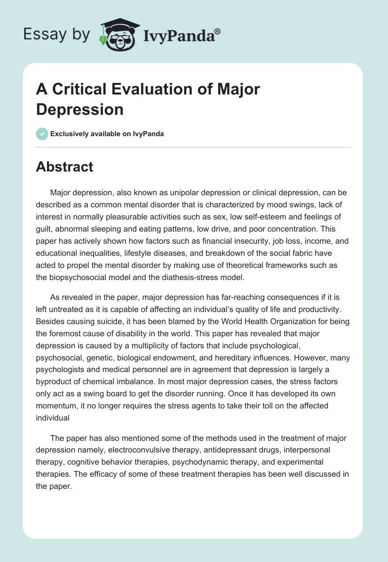 A Critical Evaluation of Major Depression. Page 1