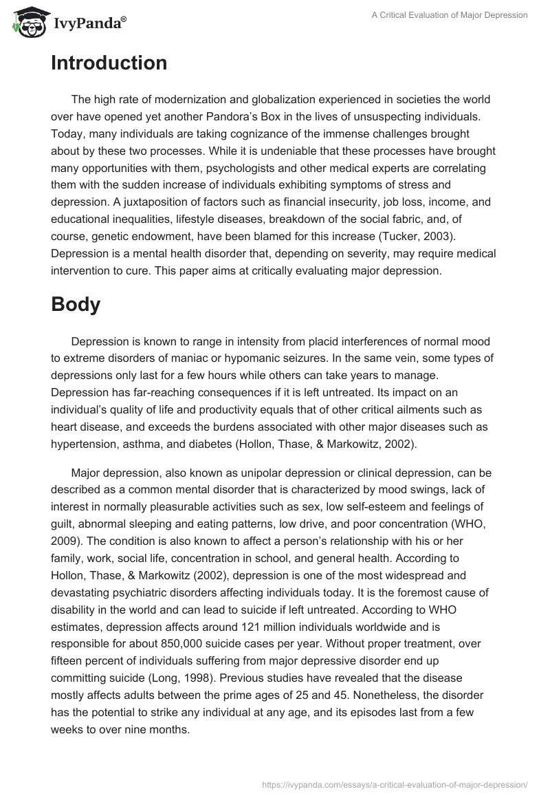 A Critical Evaluation of Major Depression. Page 2