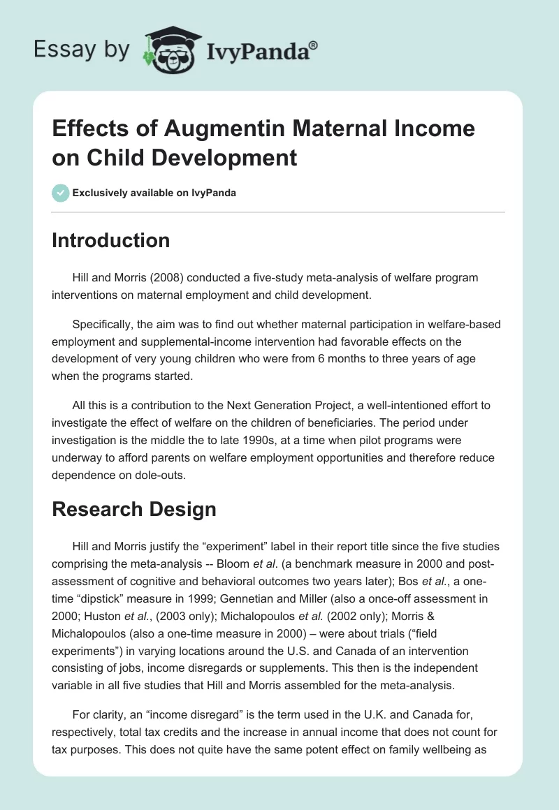 Effects of Augmentin Maternal Income on Child Development. Page 1