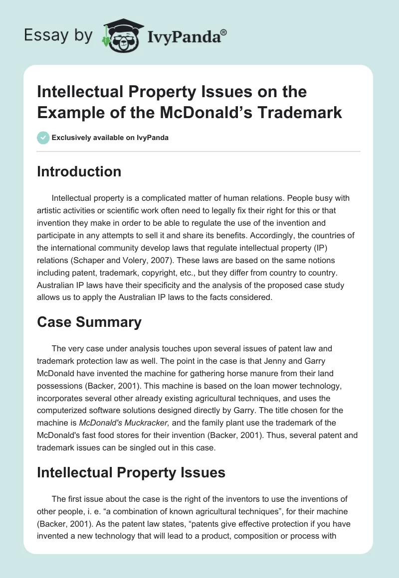 Intellectual Property Issues on the Example of the McDonald’s Trademark. Page 1