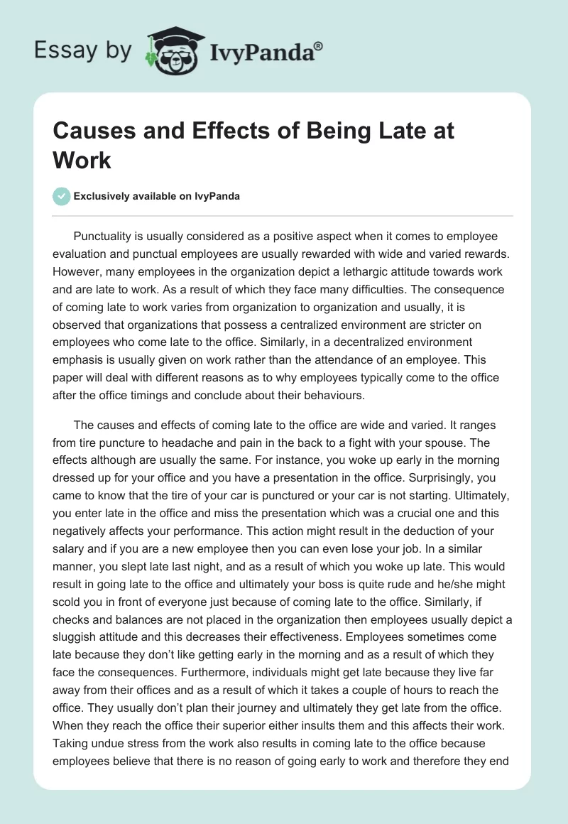 Causes and Effects of Being Late at Work. Page 1